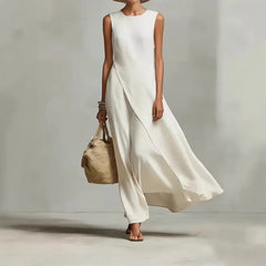 Round Neck Wrap Overlay Sleeveless Linen Maxi Dress