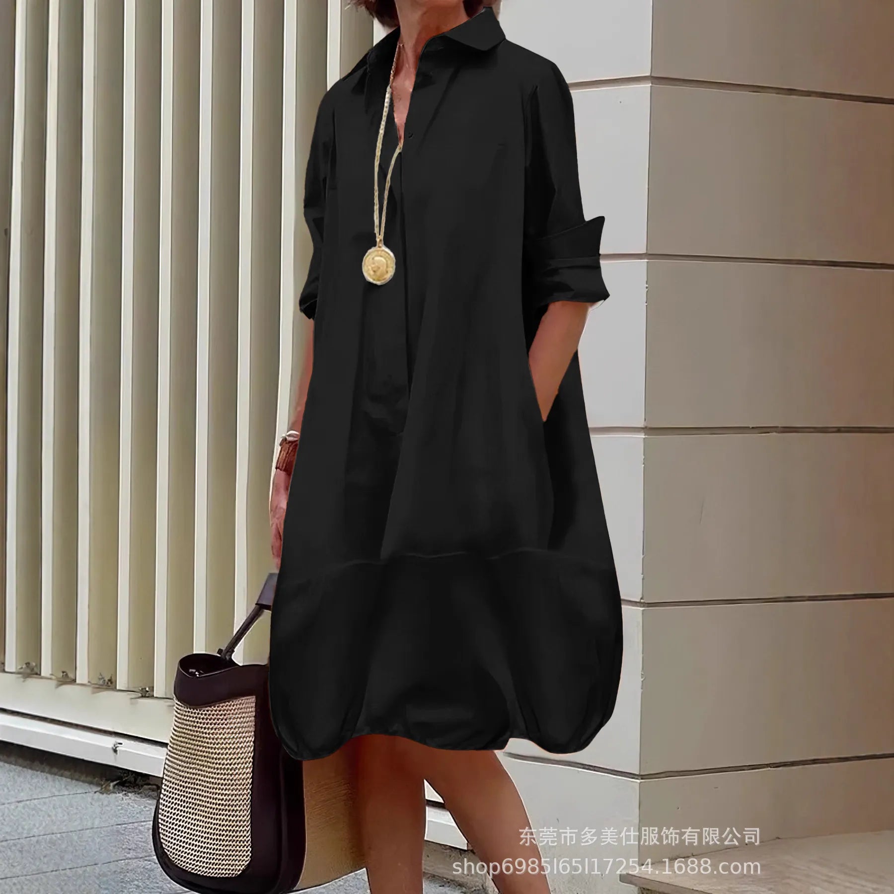 Solid Color Button Front Pocket Shirt Midi Dress