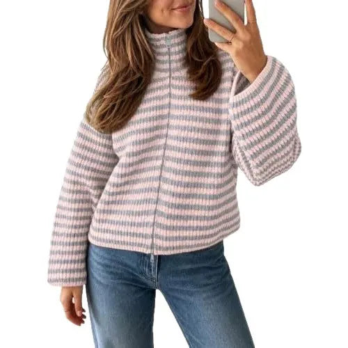 Striped Half Zip Turtleneck Knit Sweater Long Sleeve Cropped Ribbed Pullover