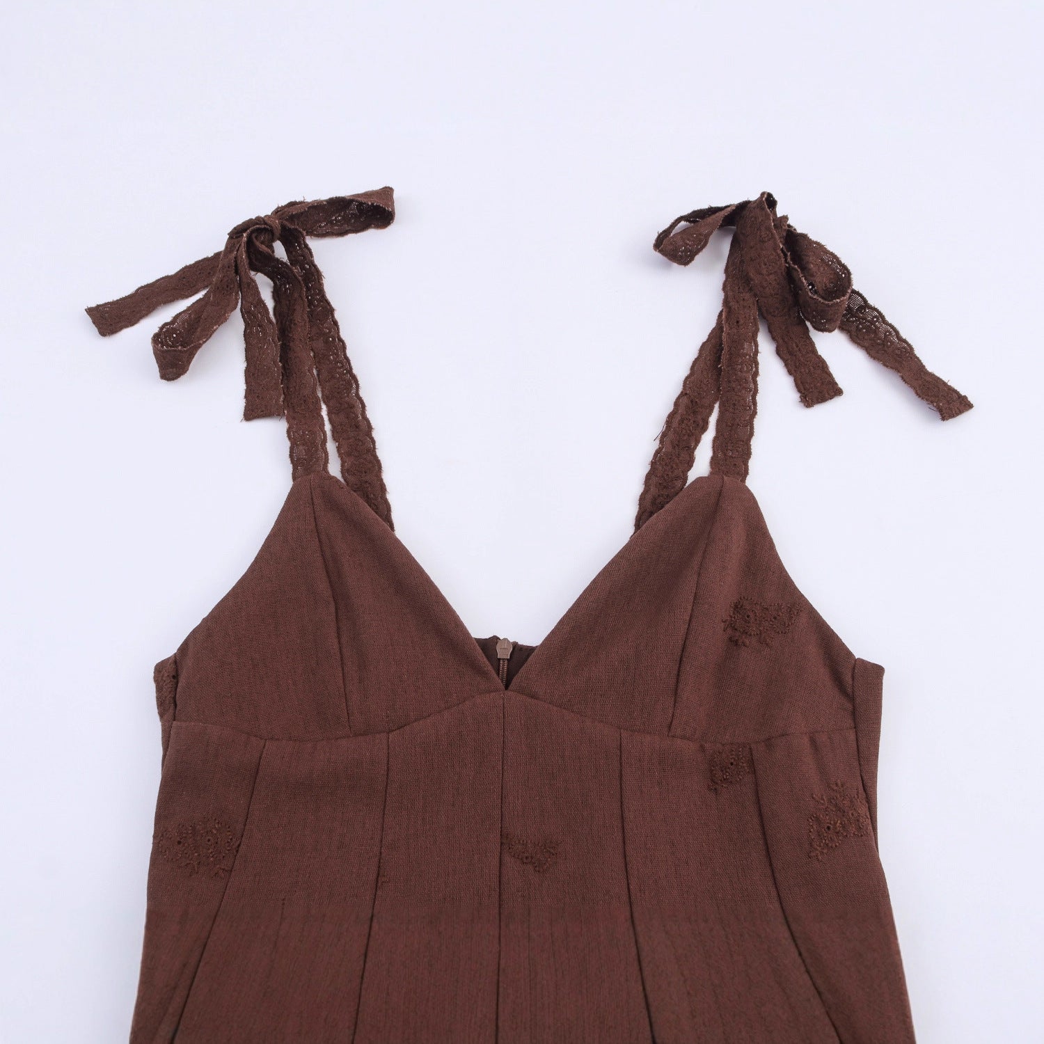Dark Brown Embroidered Tie-Strap A-Line Mini Dress