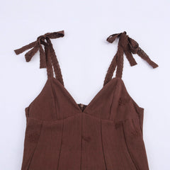 Dark Brown Embroidered Tie-Strap A-Line Mini Dress