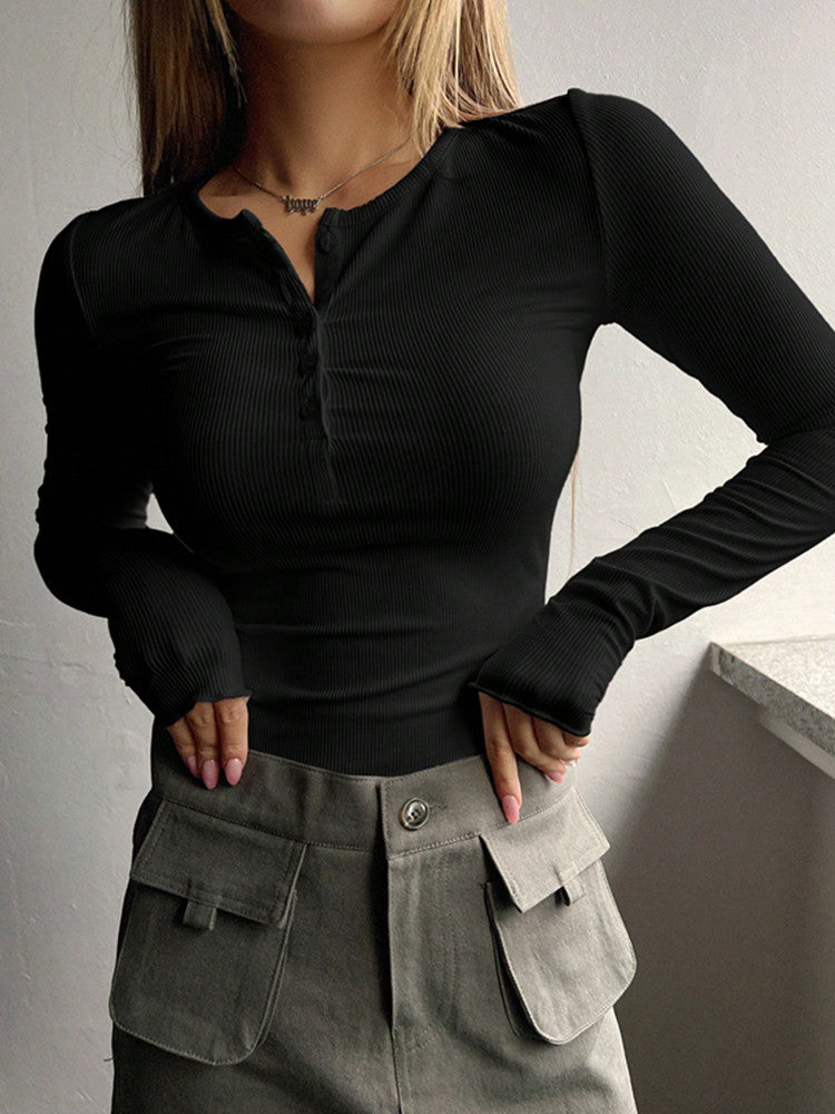 Ribbed Henley Long Sleeve Top