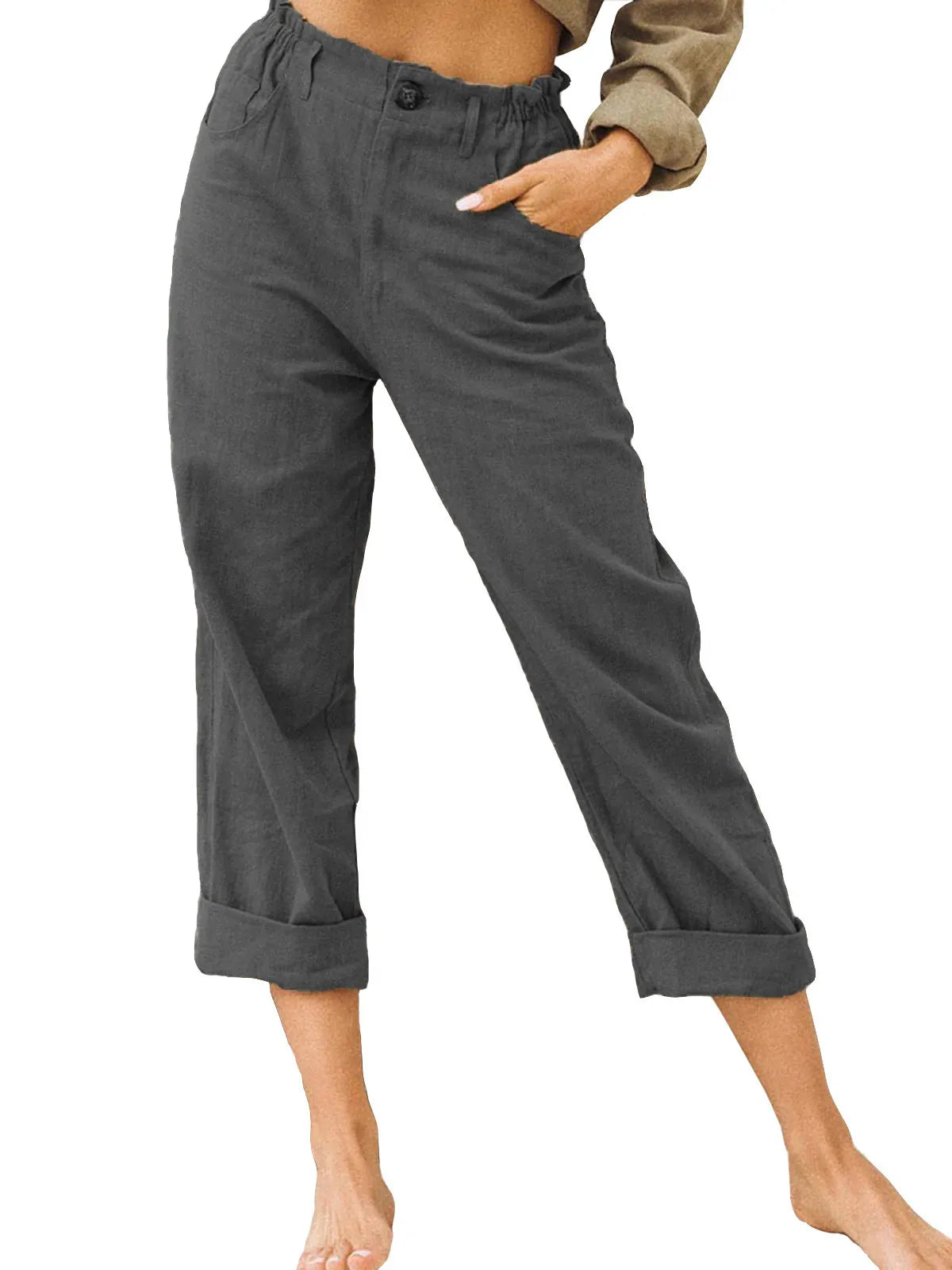 Linen Blend Rolled Cuff Cropped Pants
