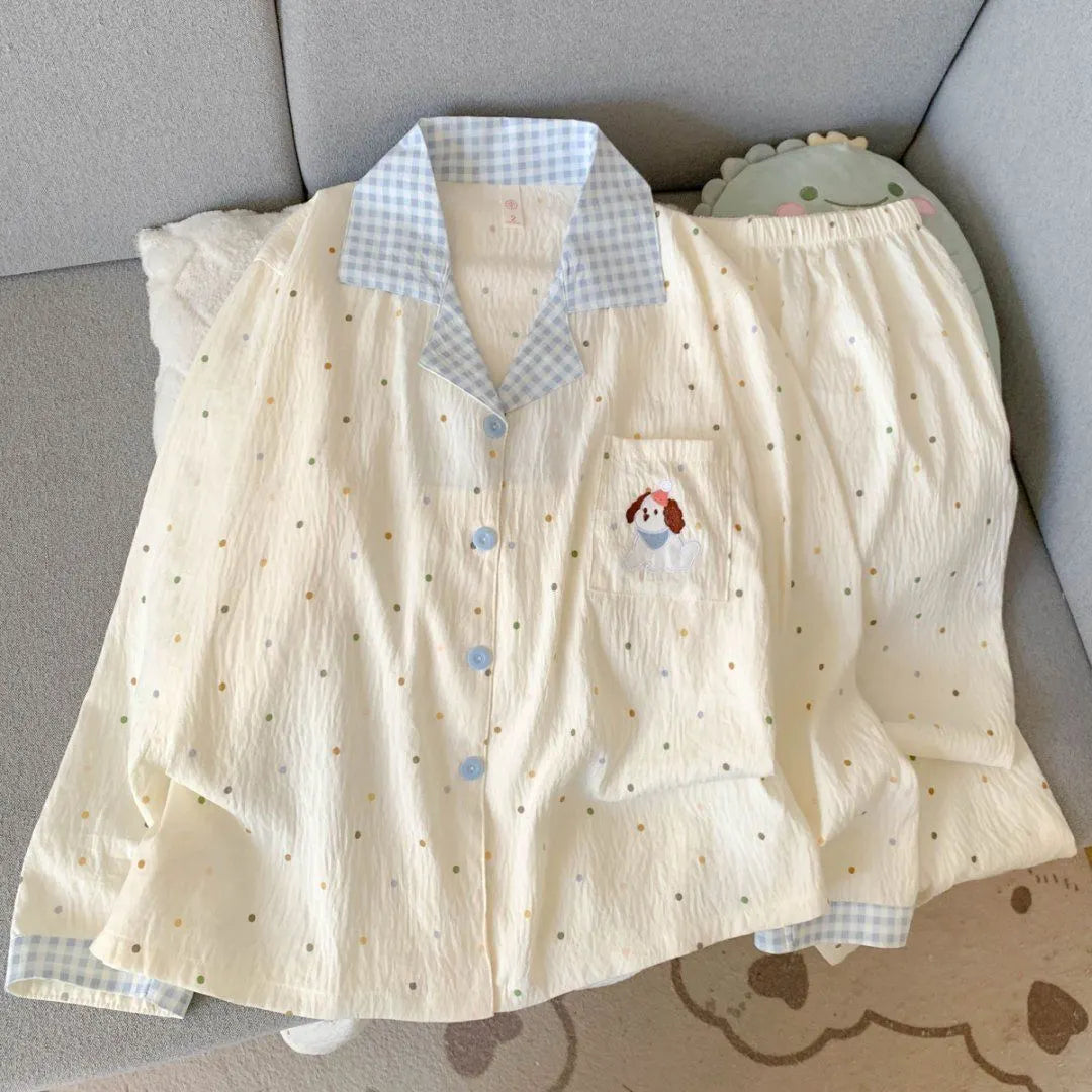 Light Blue Leopard Shirt & Pants 2 Piece Pajamas with Pocket Embroidery