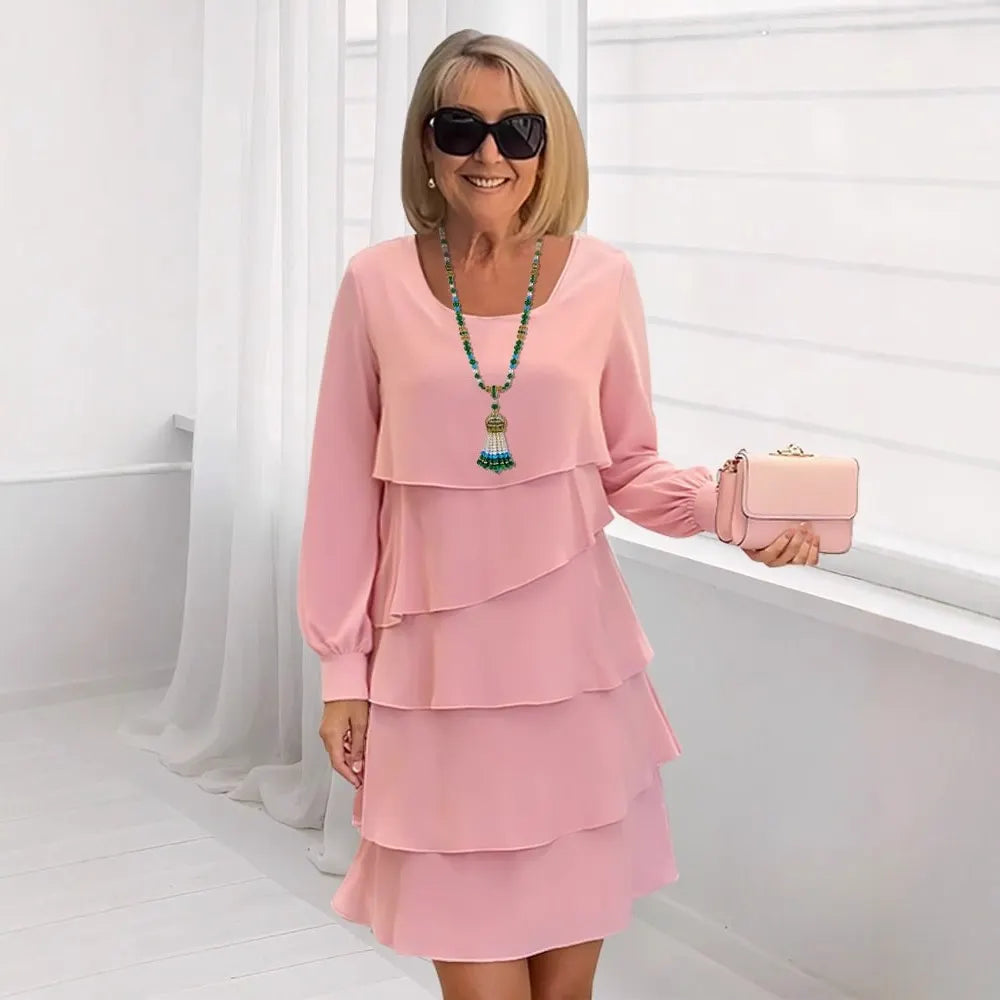 Solid Color Tiered Ruffle Long Sleeve Midi Dress