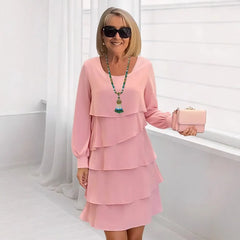 Solid Color Tiered Ruffle Long Sleeve Midi Dress