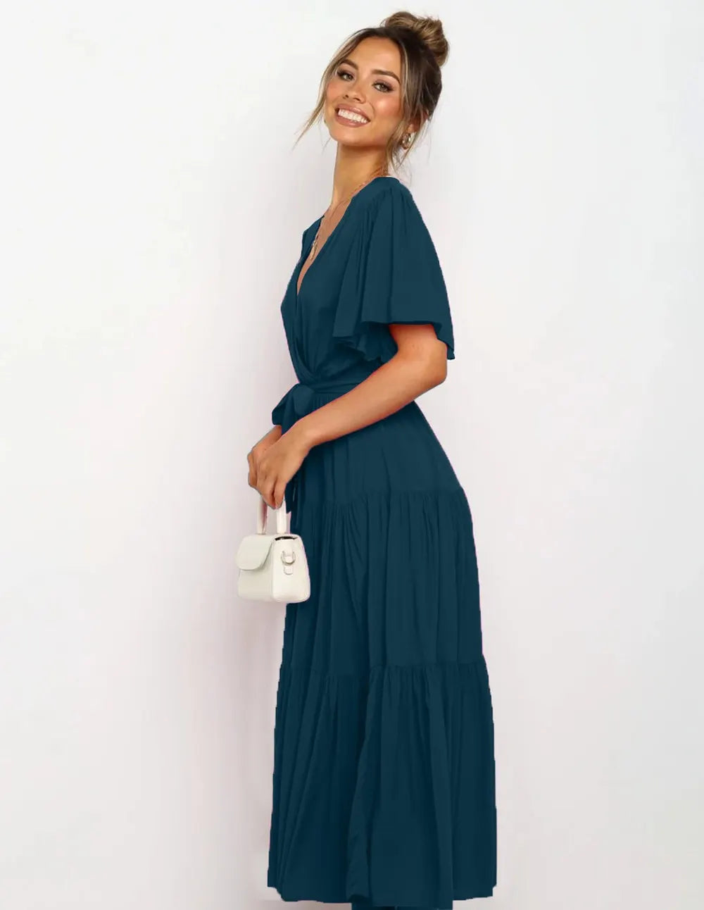 V Neck Flutter Short Sleeve Belted Tiered Maxi Swing Dress