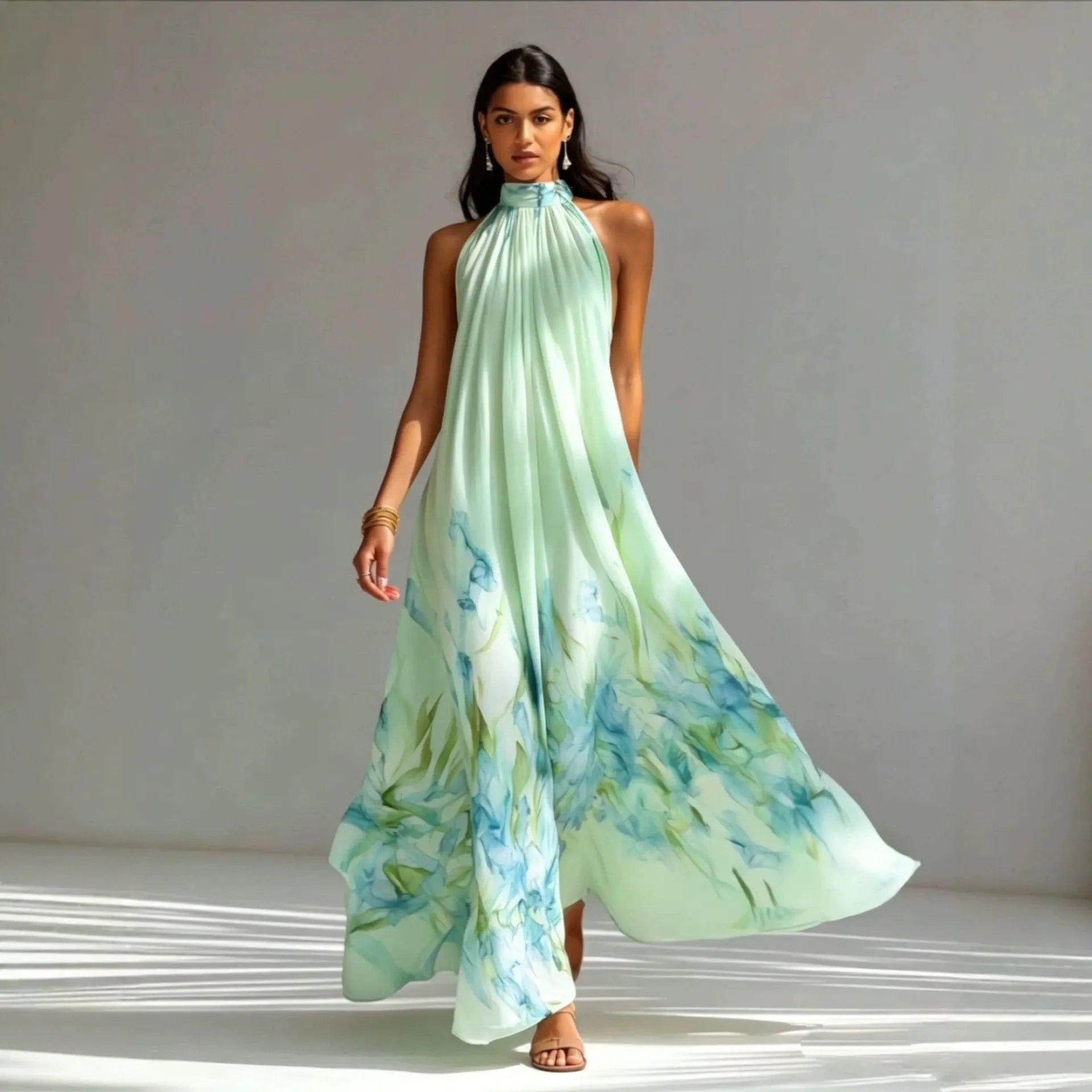 Floral Halter Maxi Dress, Sleeveless Loose Flowy Big Swing Elegant Long Dress