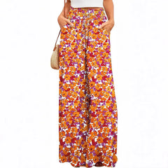 Boho Geometric Leaf Print Drawstring High Waist Non-Stretch Chiffon Loose Wide Leg Long Casual Pants