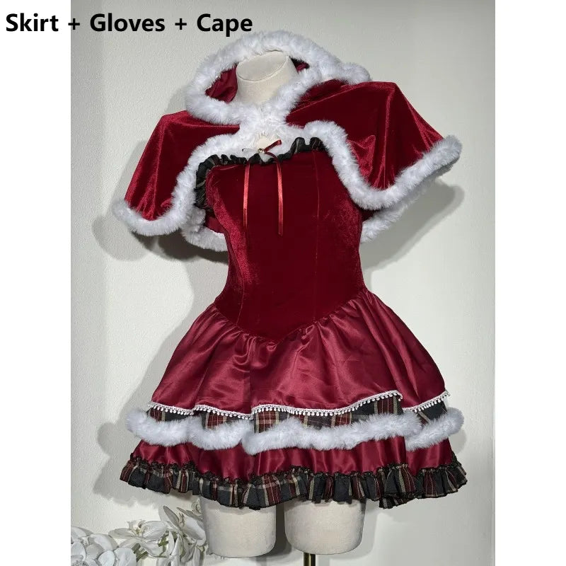 White Christmas Lolita Dress With Hooded Cape, Party Dresses