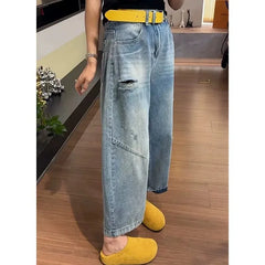 High Waist Ripped Nine Point Wide Leg Jeans