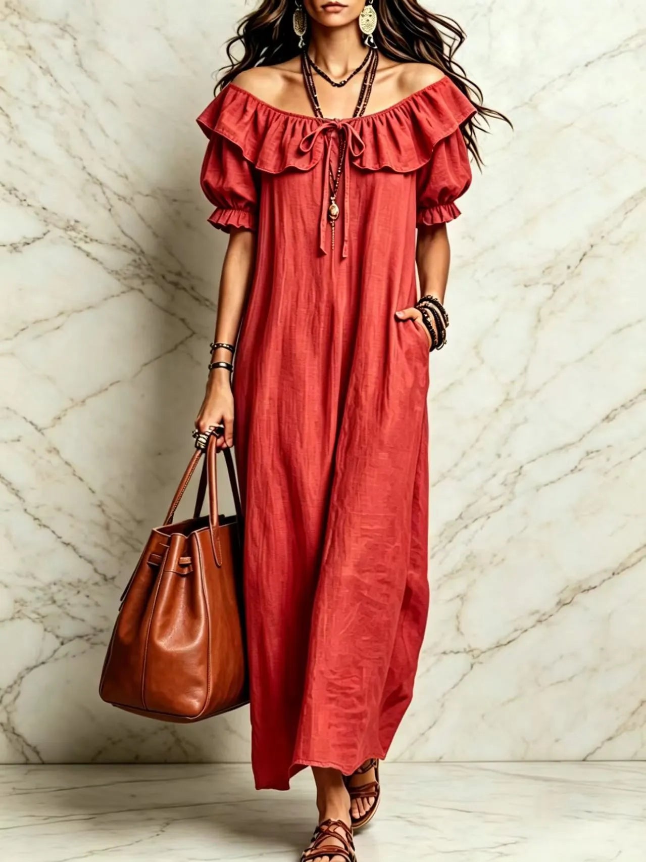 Ruffle Neck Puff Sleeve Maxi Dress