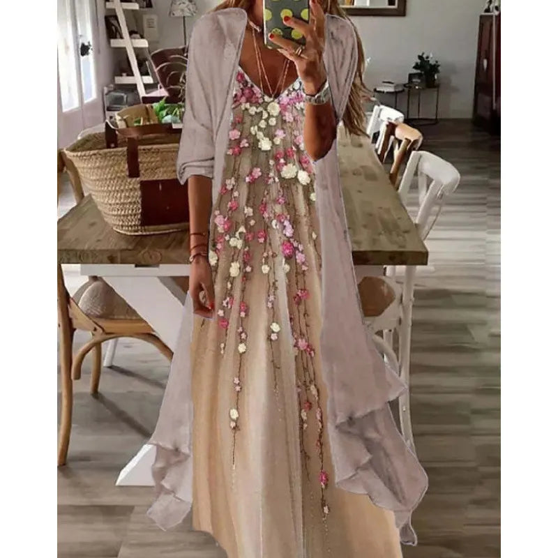 Printed V Neck Cami Long Dress
