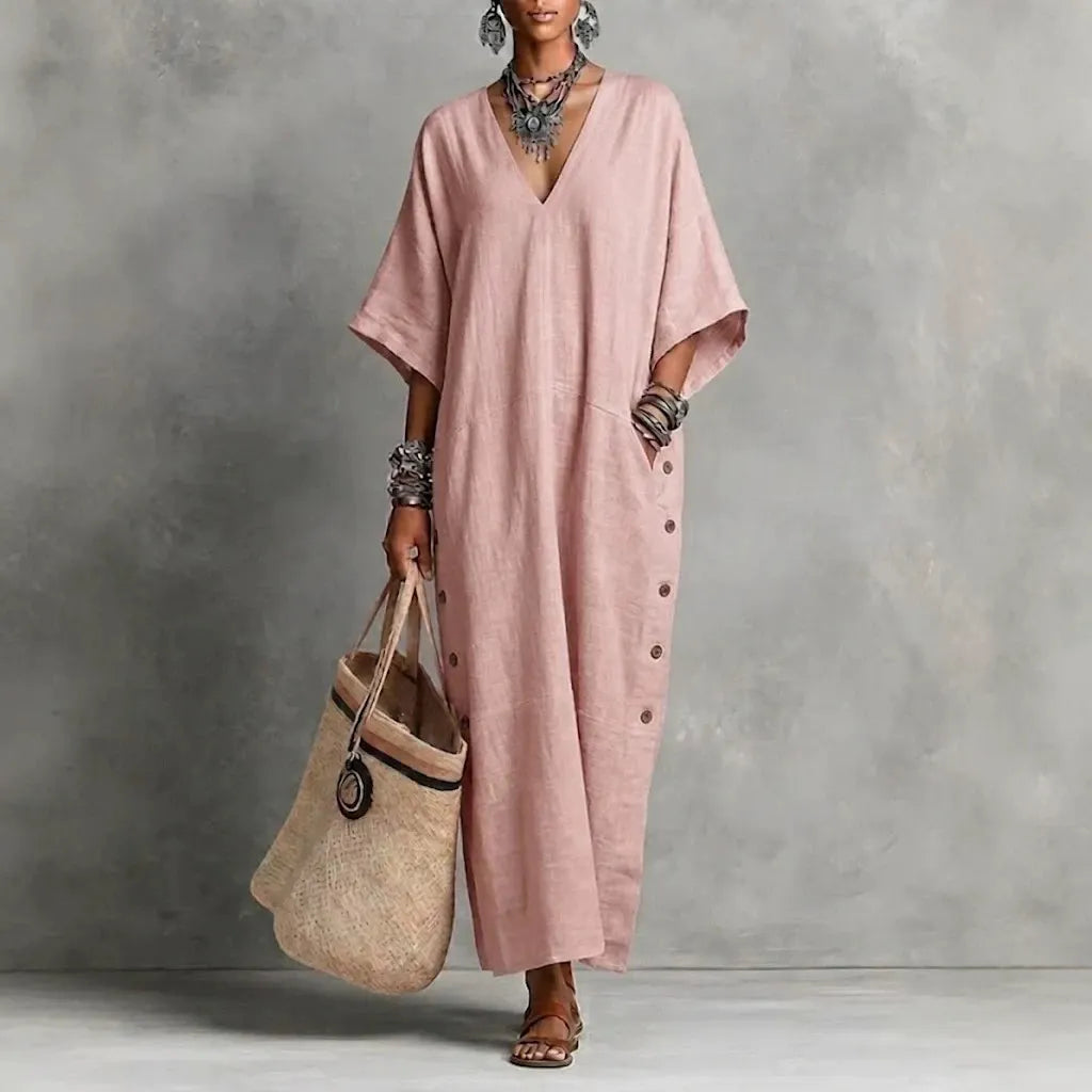 Apricot Cotton Linen V-Neck Button Detail Maxi Dress