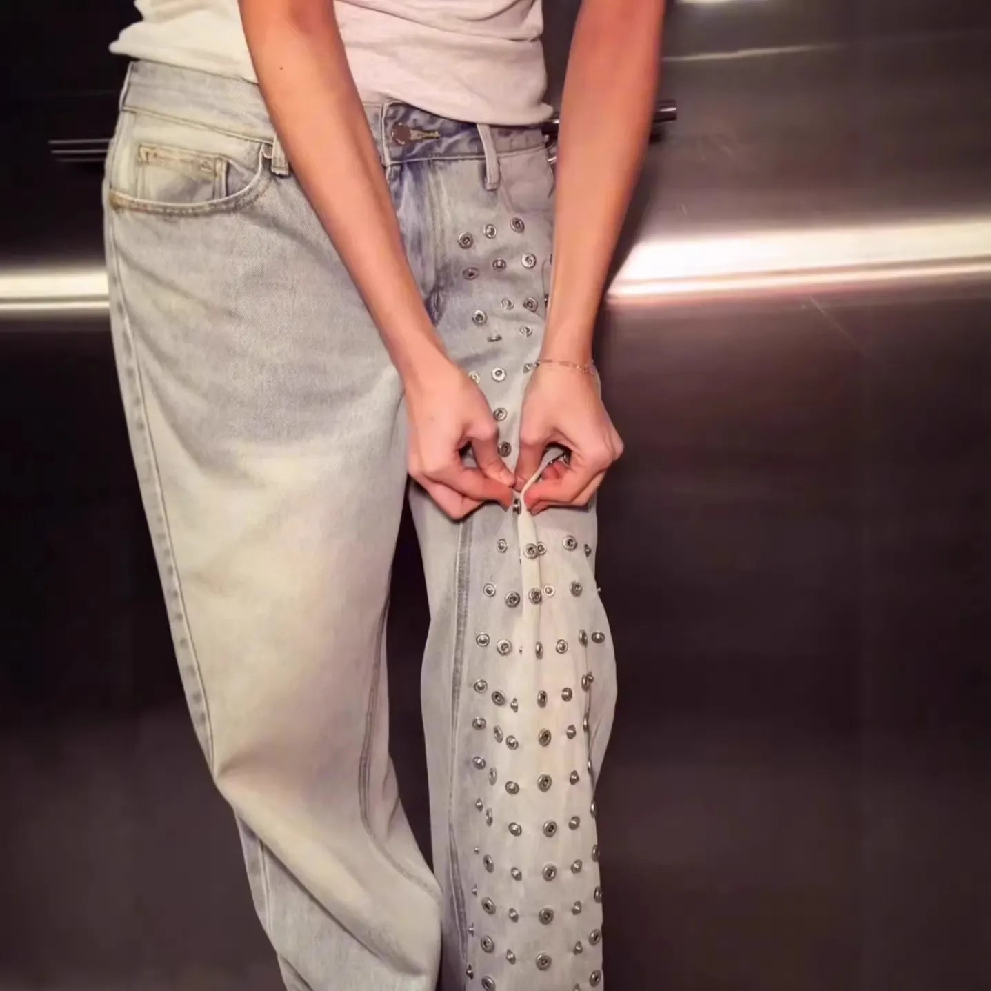 Mid‑Waist Rhinestone Decor Straight Leg Jeans