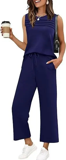 Solid Sleeveless Striped Detail Tank Top & Drawstring Cropped Pants
