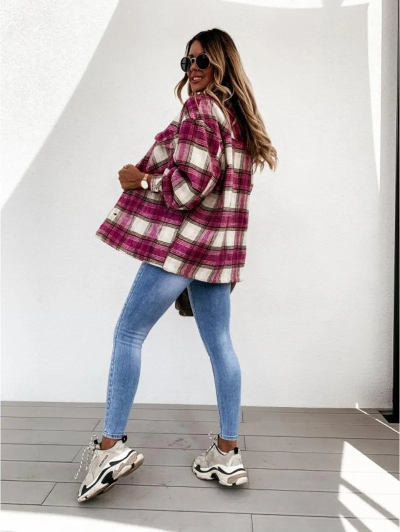 Fall Outfit Brown Check Shacket, Loose Fit Flannel Plaid Shirt Coat