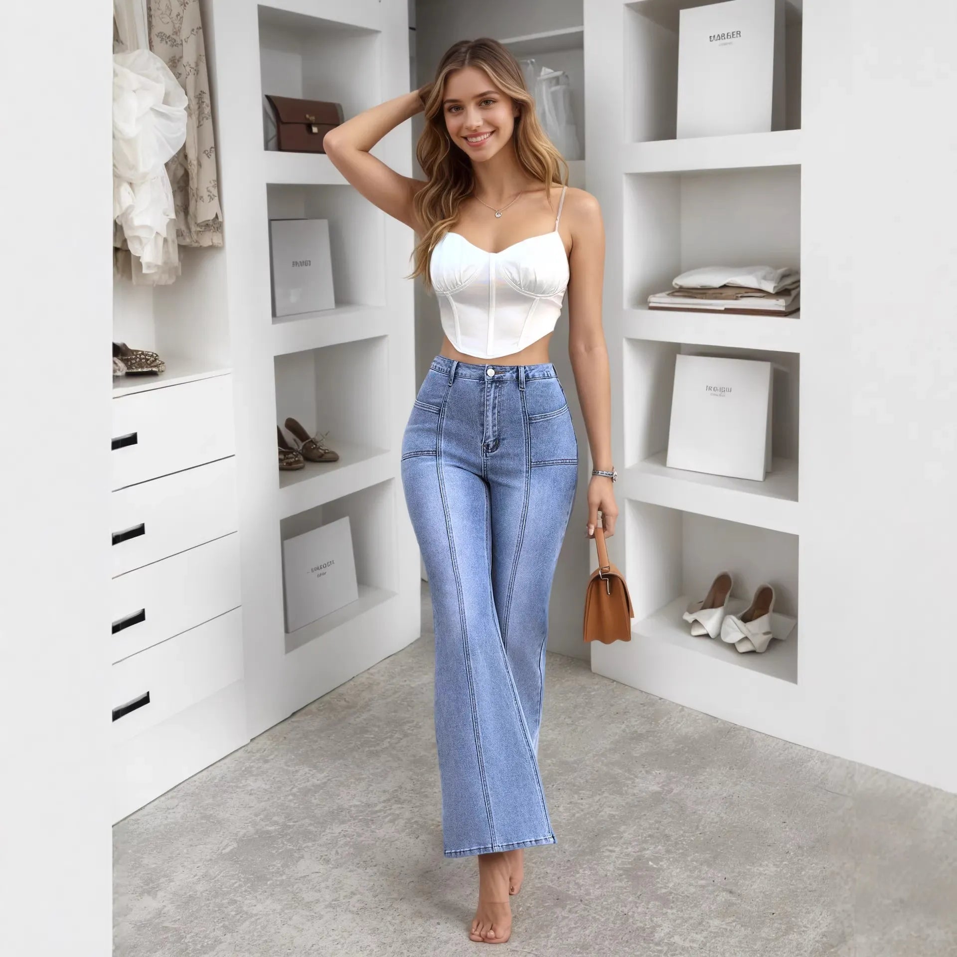 Mid-Rise Washed Solid Color Slim Flared Stretch Long Denim Jeans