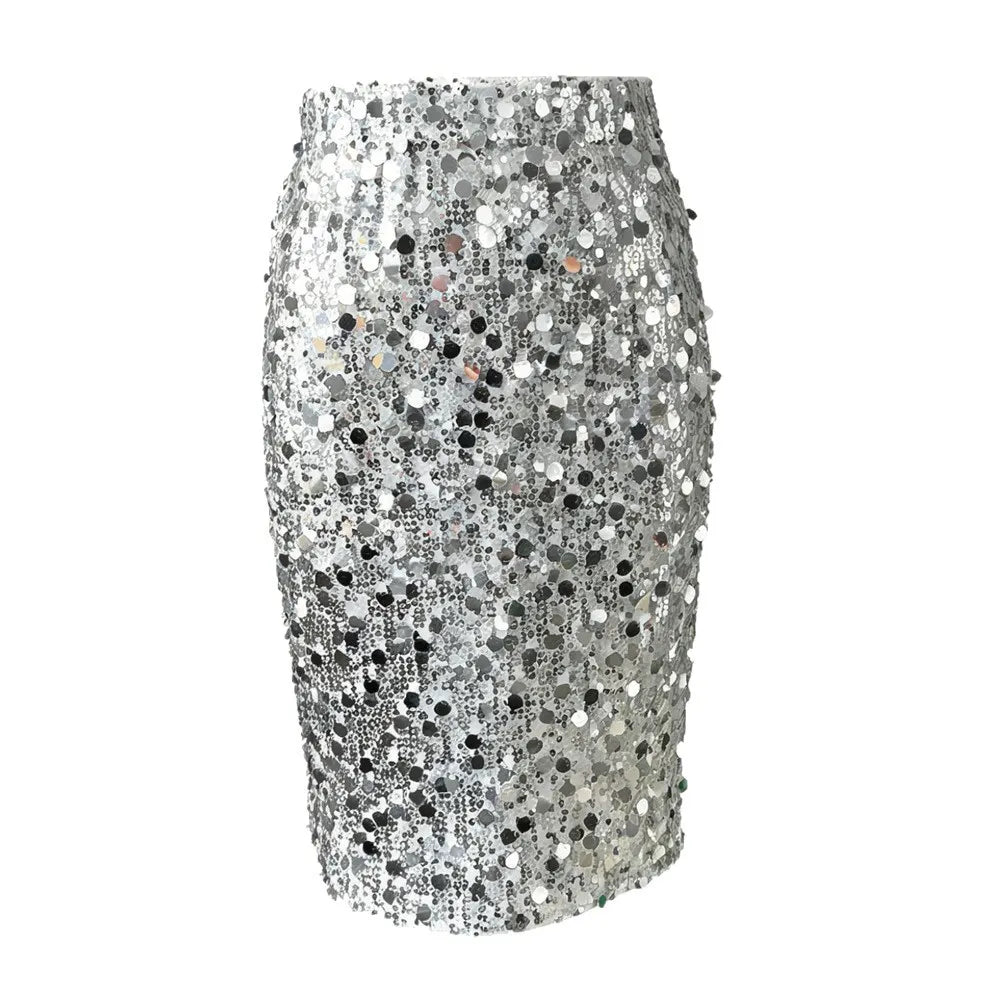 Silver Round Sequin Elastic Waist Midi Pencil Skirt