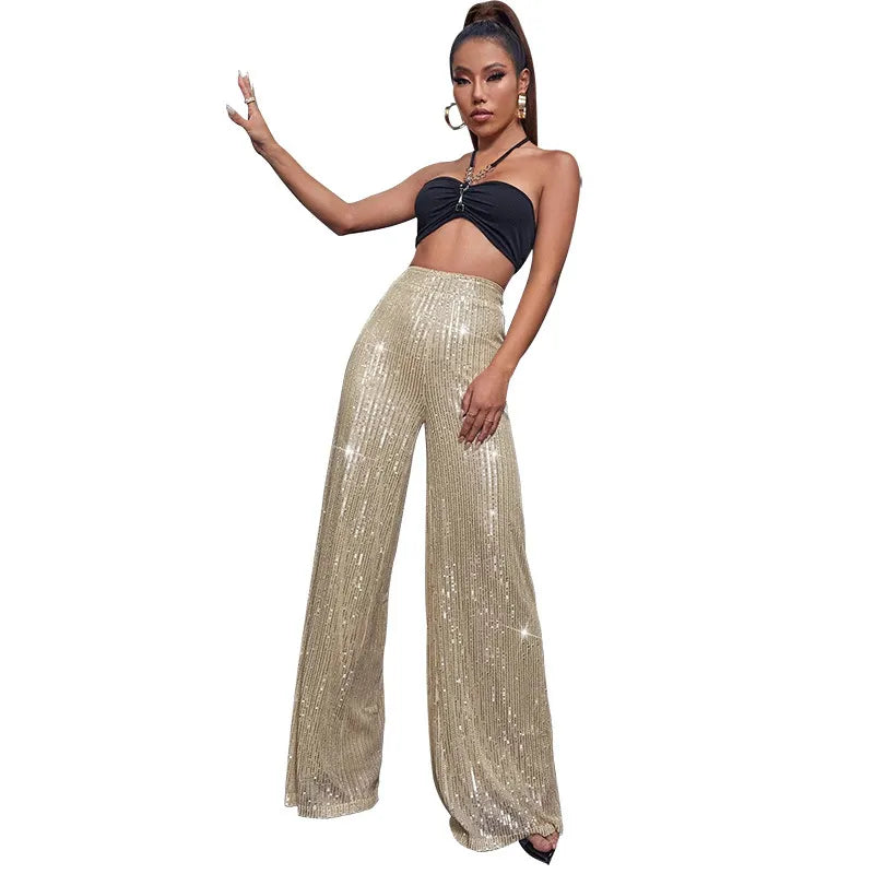 Sequin Stripe High Waist Wide Leg Pants