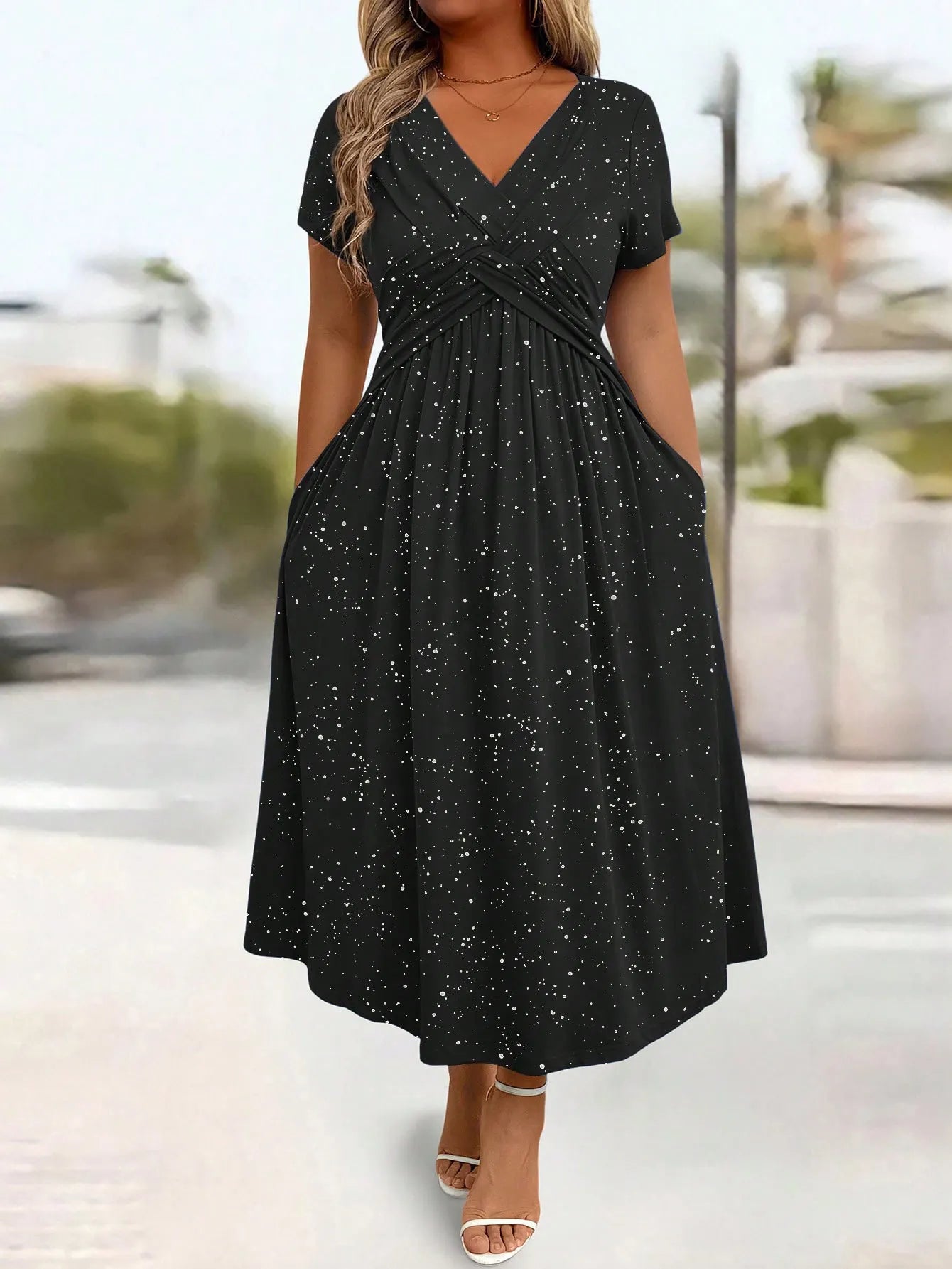 Twist Front A Line Midi Dress, Short Sleeve V-Neck Glitter Dot Print Dress with Pockets