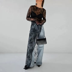 Round Neck Long Sleeve Sheer Lace Asymmetric Slit Maxi Dress