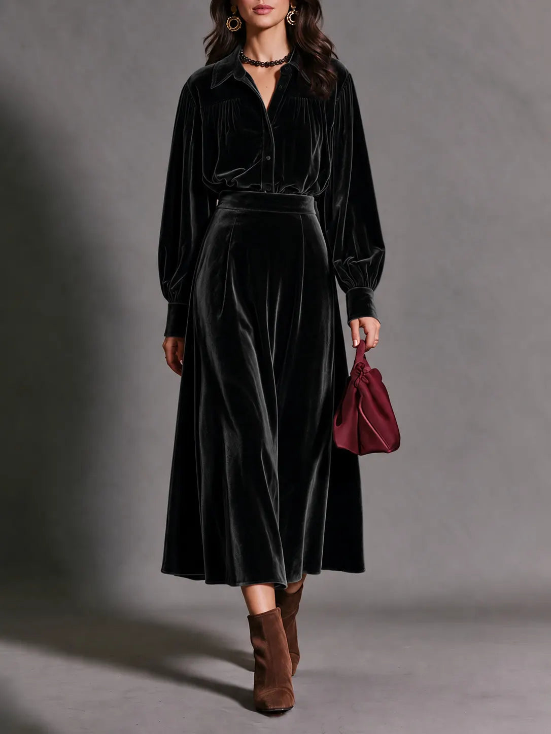 Purple Velvet Matching Set, Puff Sleeve Shirt and Flowy Midi Skirt