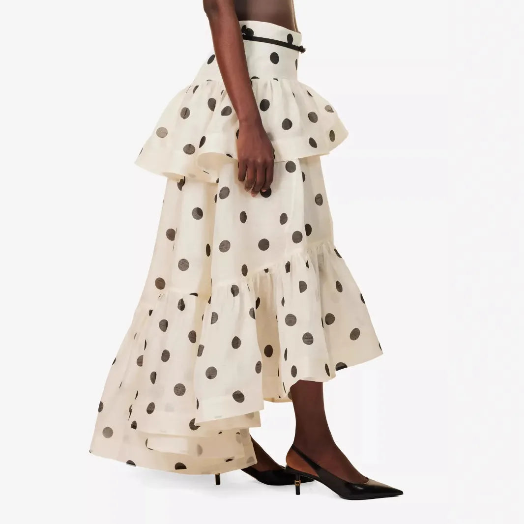 High Waist Polka Dot Tiered Midi Skirt