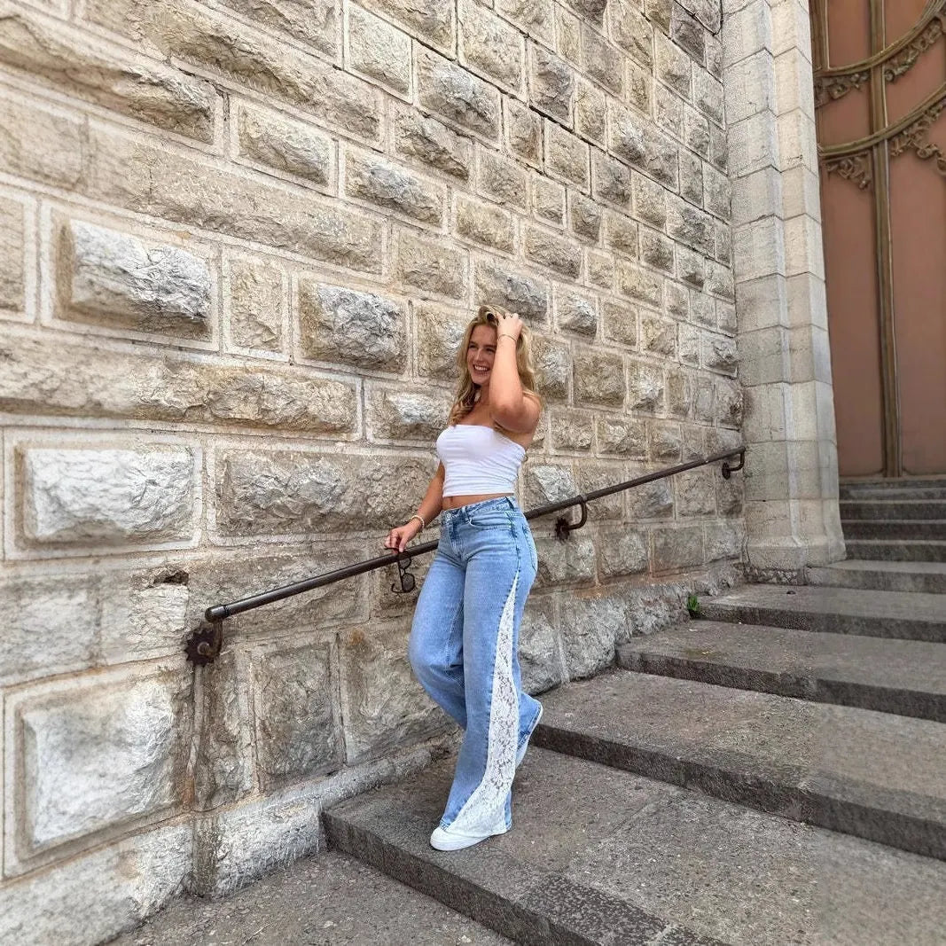 Mid‑Waist Lace Spliced Flare Jeans