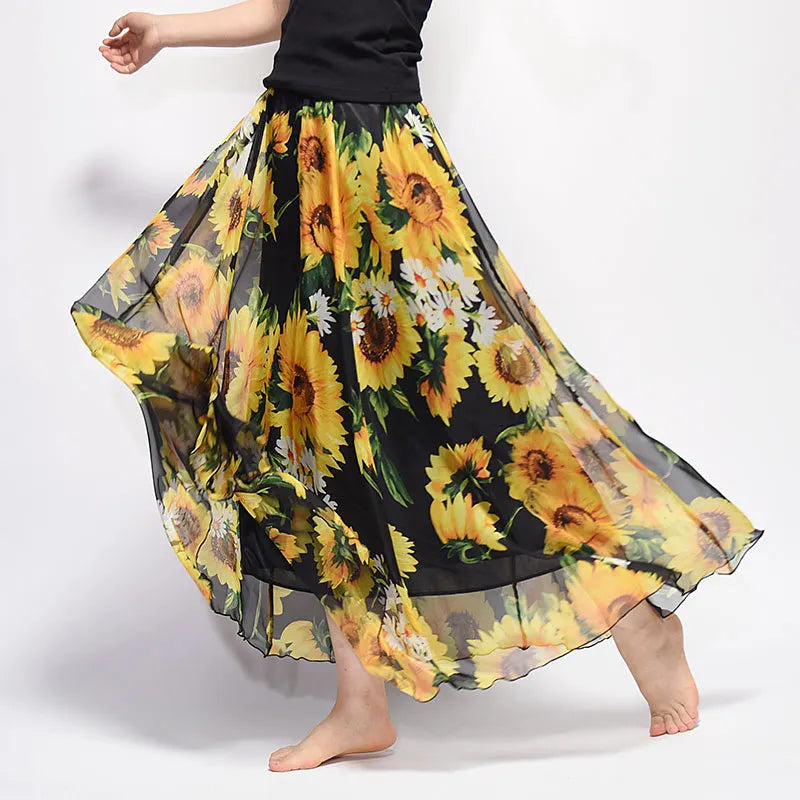 Floral Print Chiffon Maxi Skirt High Waist Flowy A-Line Skirt