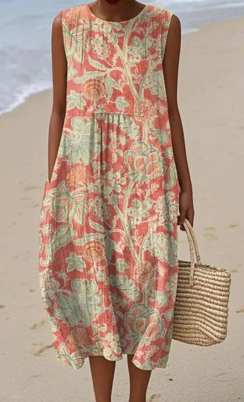 Round Neck Sleeveless 3D Floral Print Loose A-Line Midi Dress