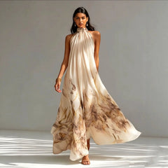 Halter Neck Floral Print Flowy A-Line Maxi Dress