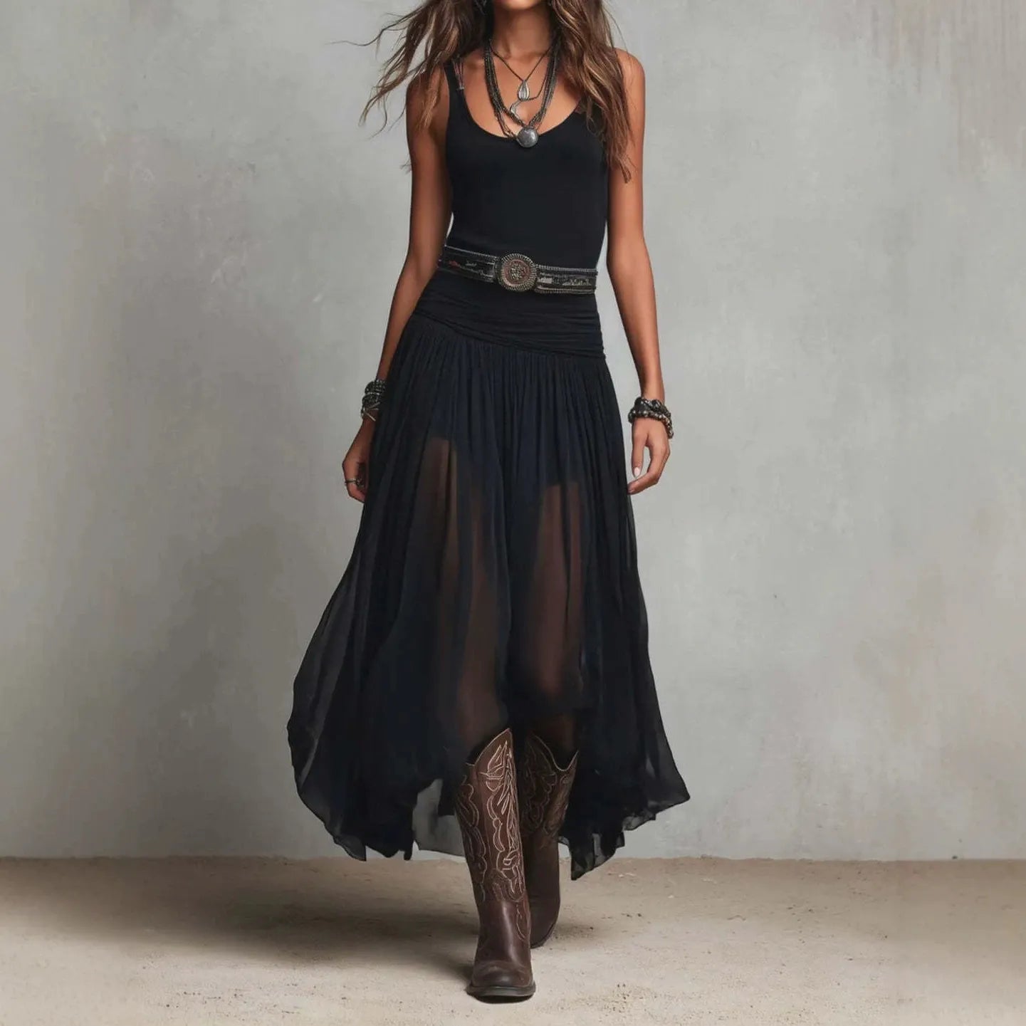 Solid Sleeveless Low Neck Mid Waist Mesh Spliced Irregular A-Line Maxi Dress