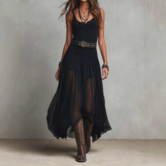 Solid Sleeveless Low Neck Mid Waist Mesh Spliced Irregular A-Line Maxi Dress