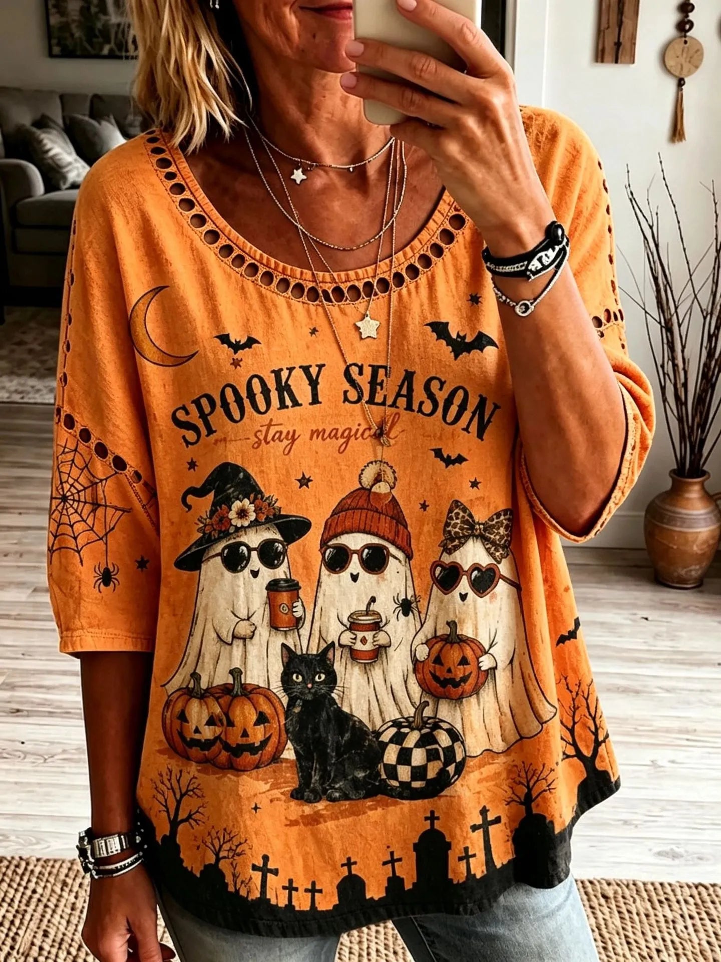 Halloween Spooky Season Ghost Pumpkin Print Crew Neck Short Sleeve T‑Shirt