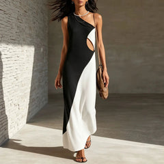 Black & Gray Color-Blocked Asymmetrical One-Shoulder Cutout Maxi Dress