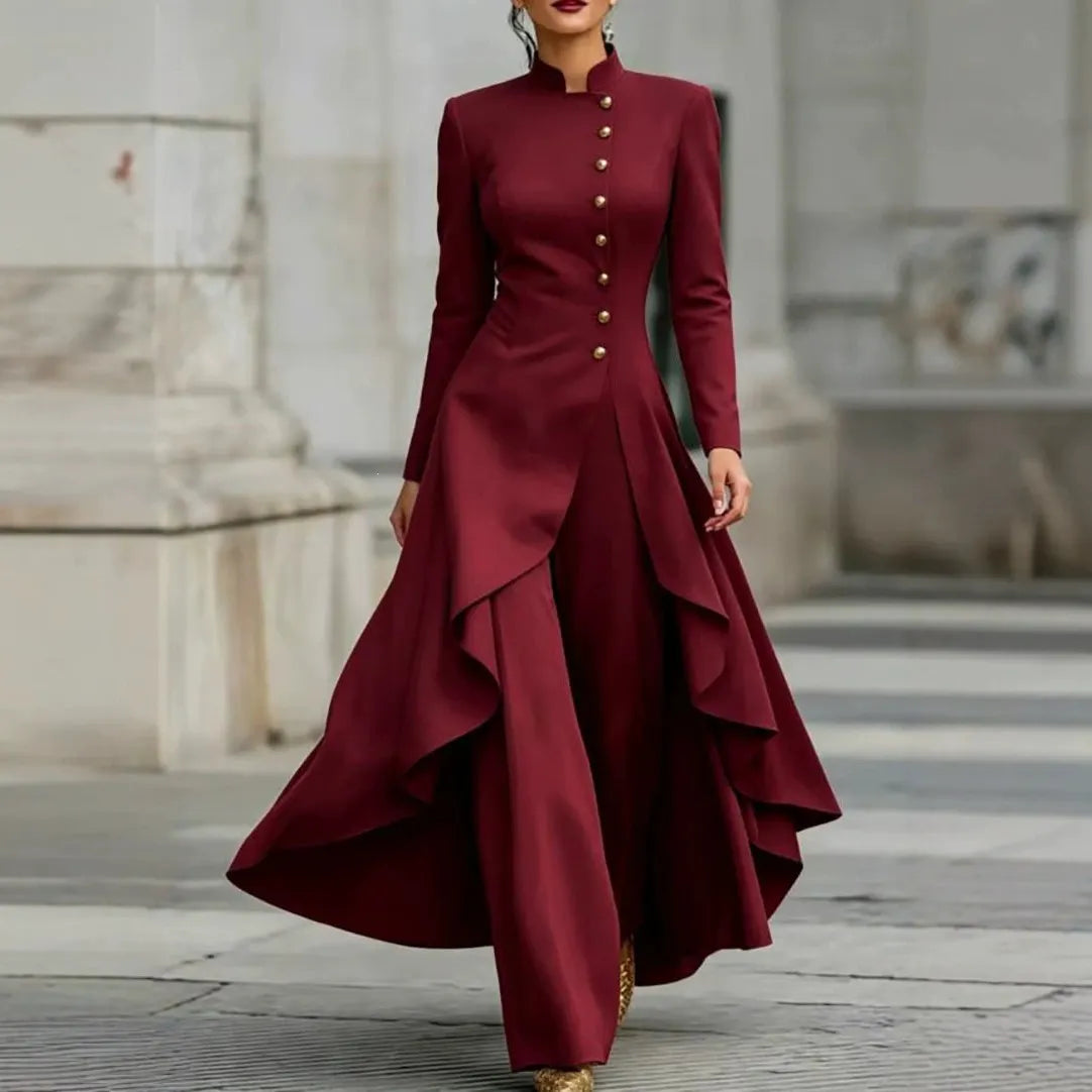 White Stand Collar Long Sleeve Gold Button Skirted Pant Suit