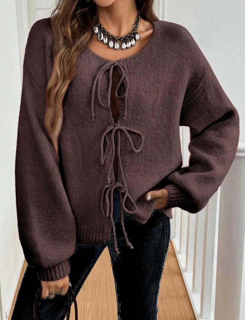 Multiple Drawstring Open Front Knit Top Long Sleeve Casual Oversized Cardigan