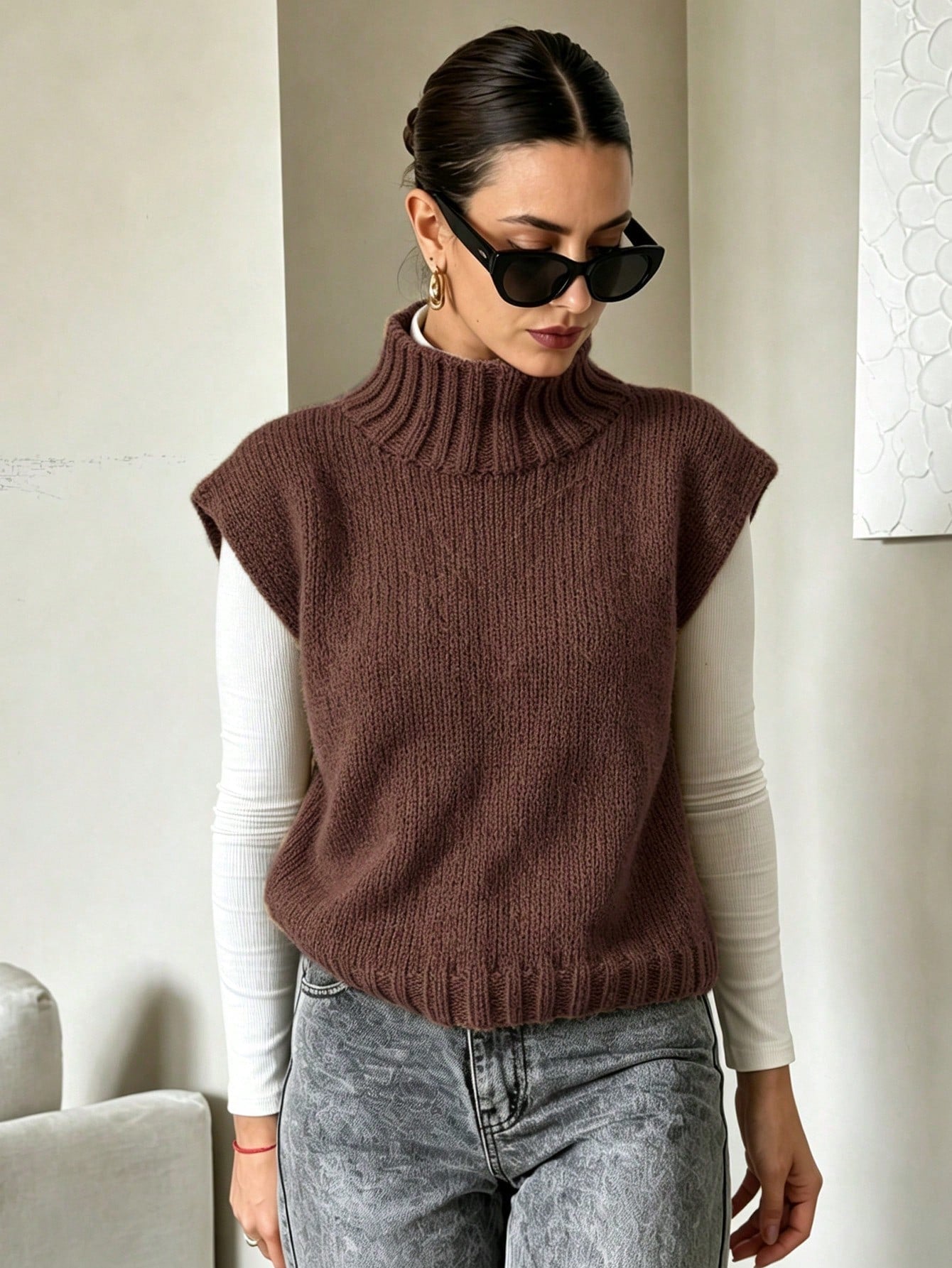 Coffee Brown High Neck Knit Sweater Vest