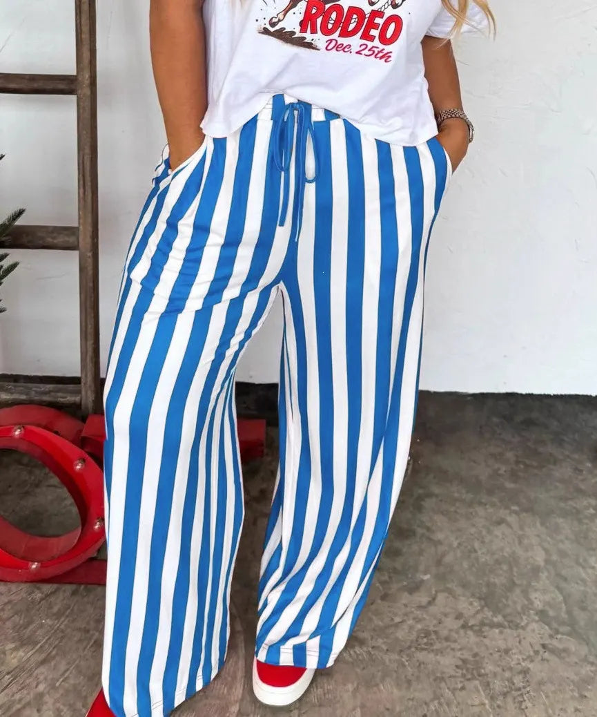 Vertical Stripe Drawstring Wide Leg Casual Pants