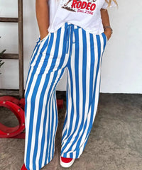 Vertical Stripe Drawstring Wide Leg Casual Pants