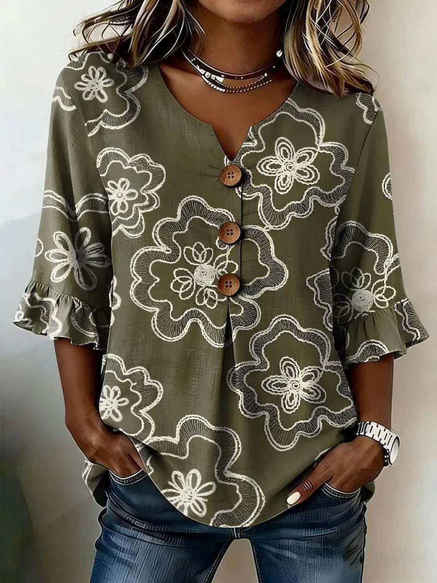 Round Neck Floral Printed Single Breasted 3/4 Ruffle Sleeve Loose Blouse