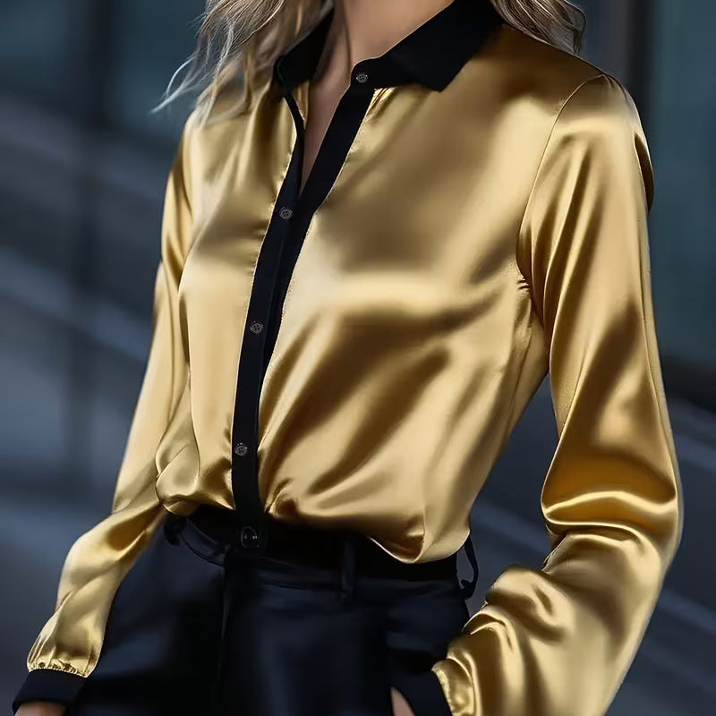 Contrast-Collar Satin Button-Down Shirt