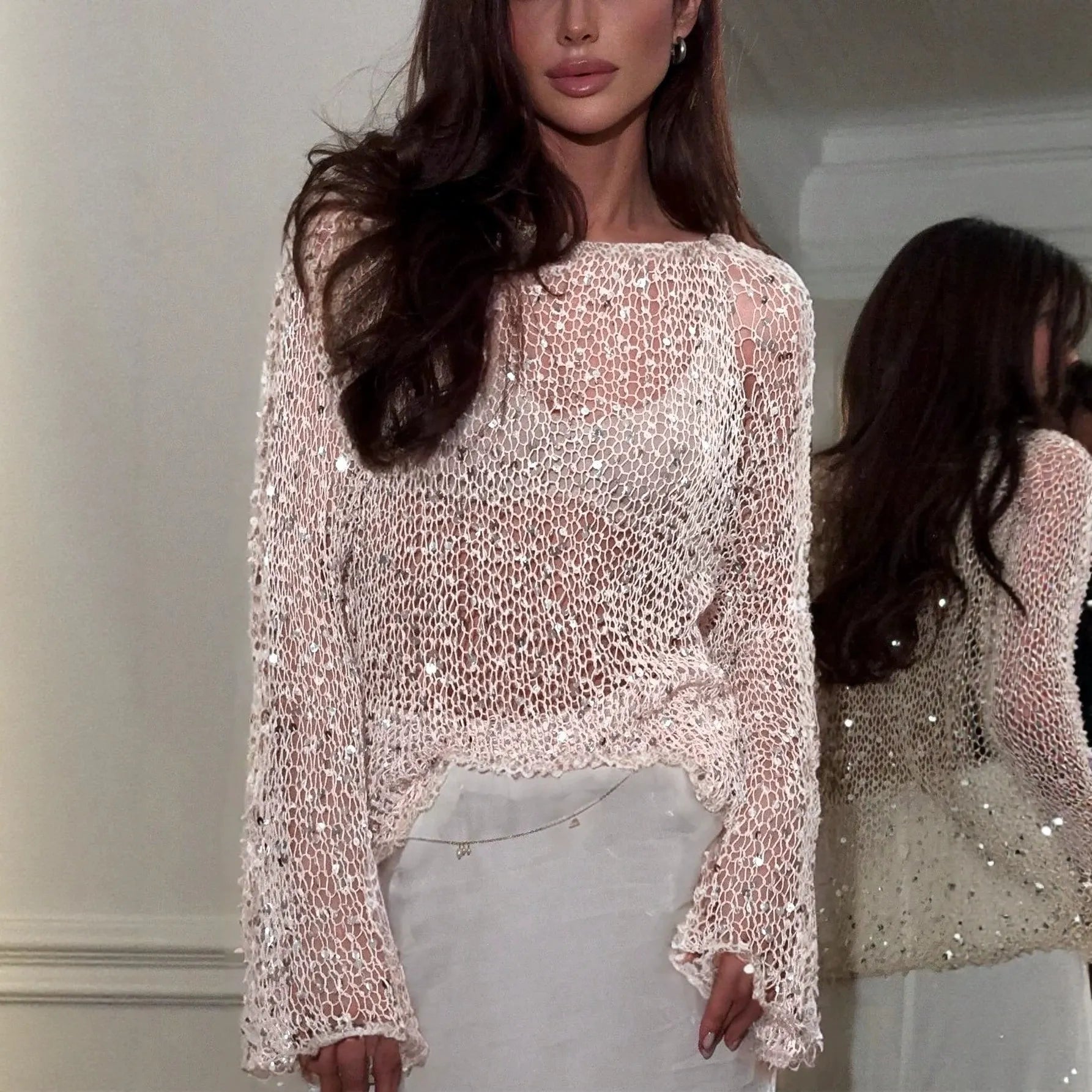 Sparkly Sequin Crochet Mesh Top, Boat Neck Long Bell Sleeve Sheer Knit
