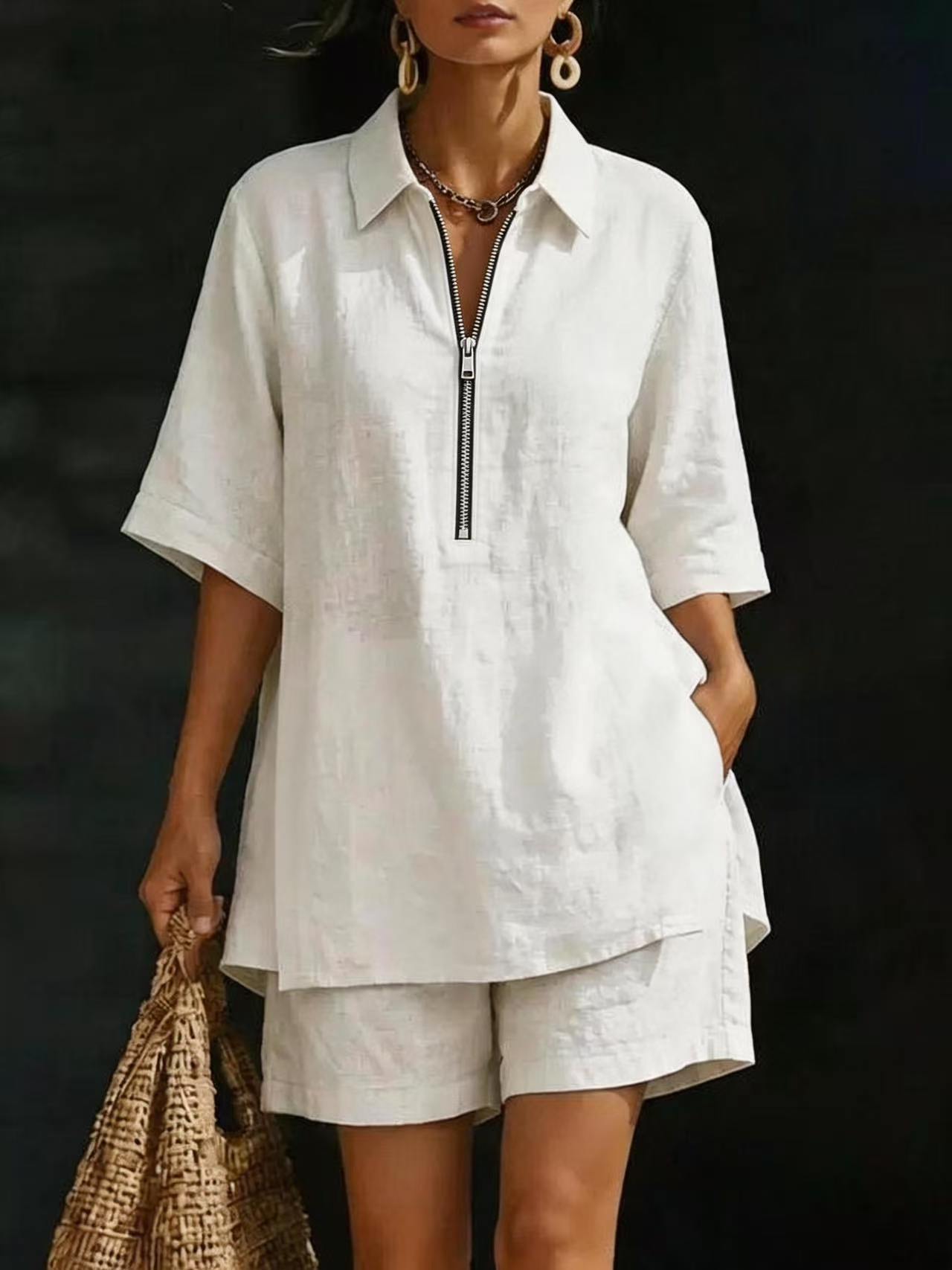 White Half-Zip Shirt & Shorts Linen Set