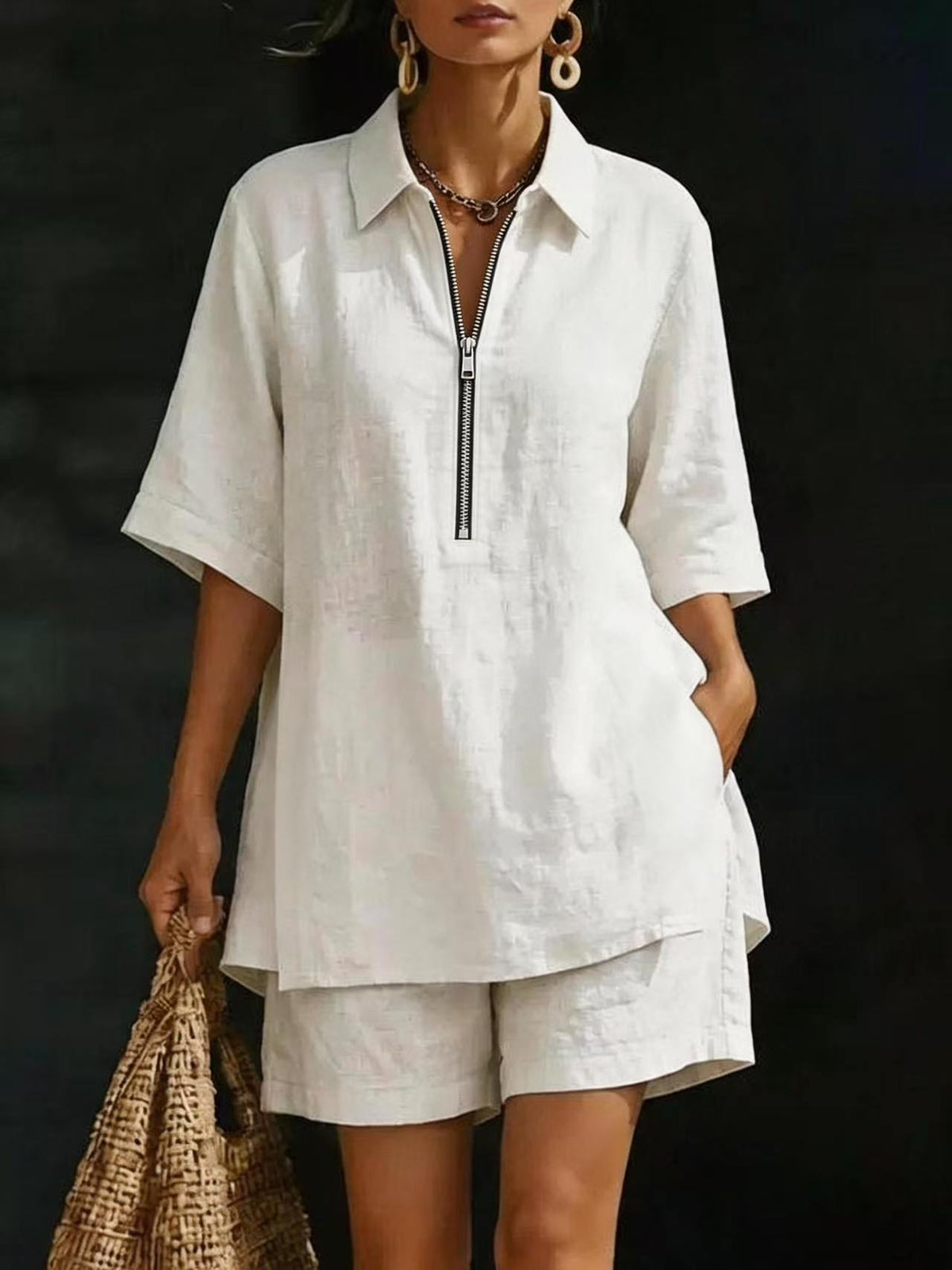 White Half-Zip Shirt & Shorts Linen Set