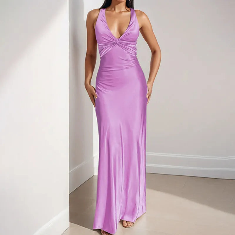 Twist-Front Satin Slip Midi Dress