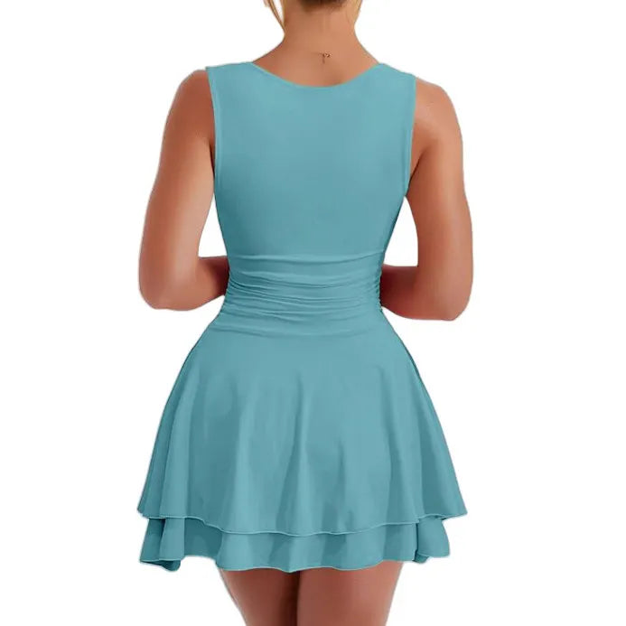 Square Neck Sleeveless Ruched Waist Double Layer Ruffle Mini Dress