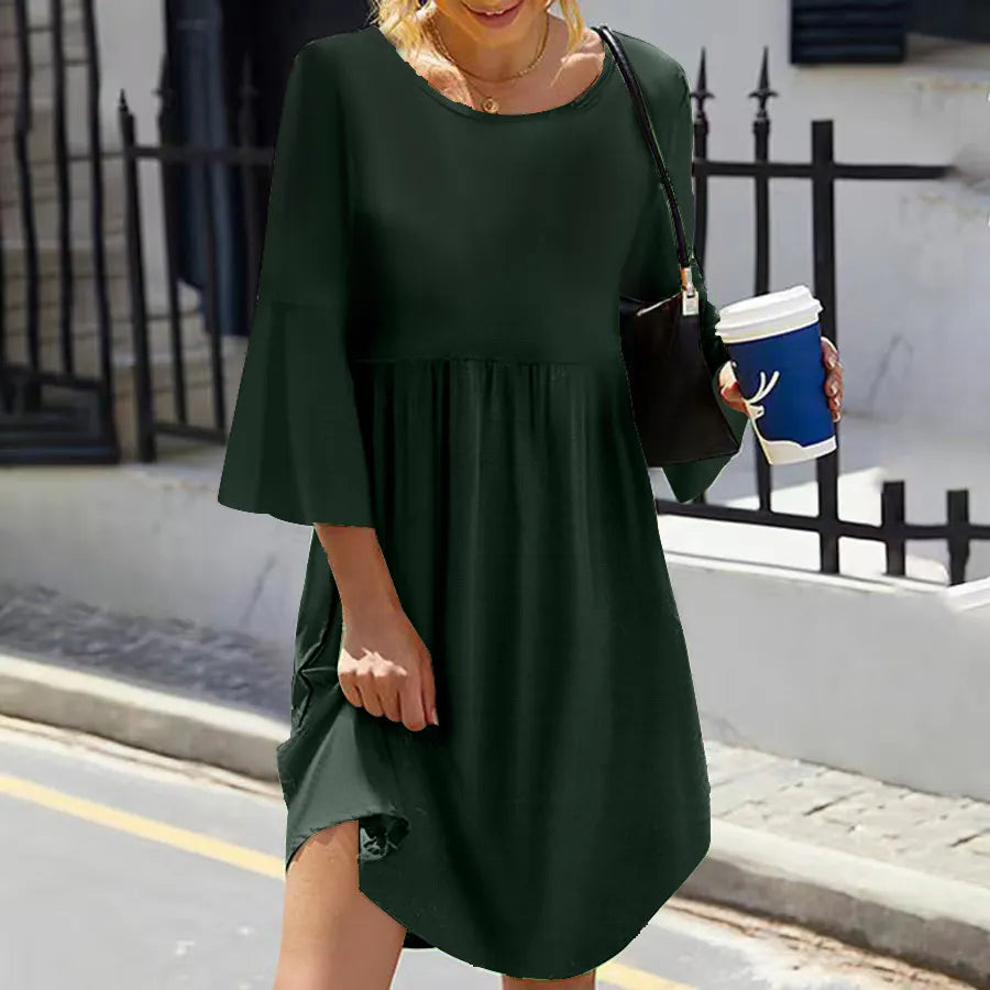 Crew Neck Flared 3/4 Sleeve Loose Tiered Irregular Hem Solid Midi Dress