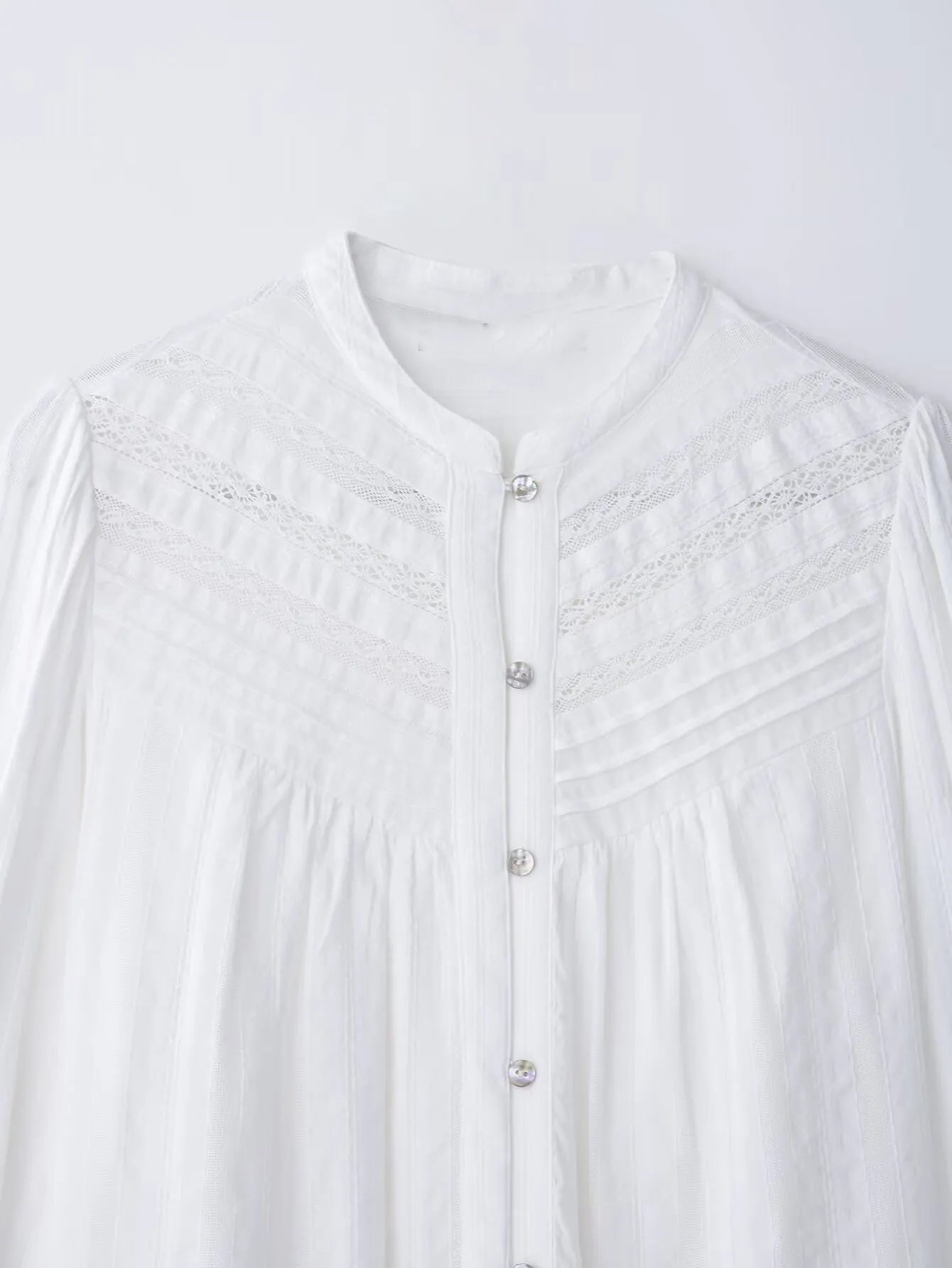 Stand Collar Lace Embroidery Puff Long Sleeve Button Down Blouse